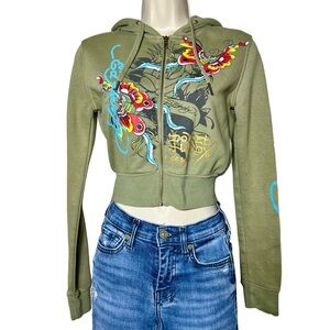 Ed Hardy Cropped Zip Hoodie - Olive Green - Size Small